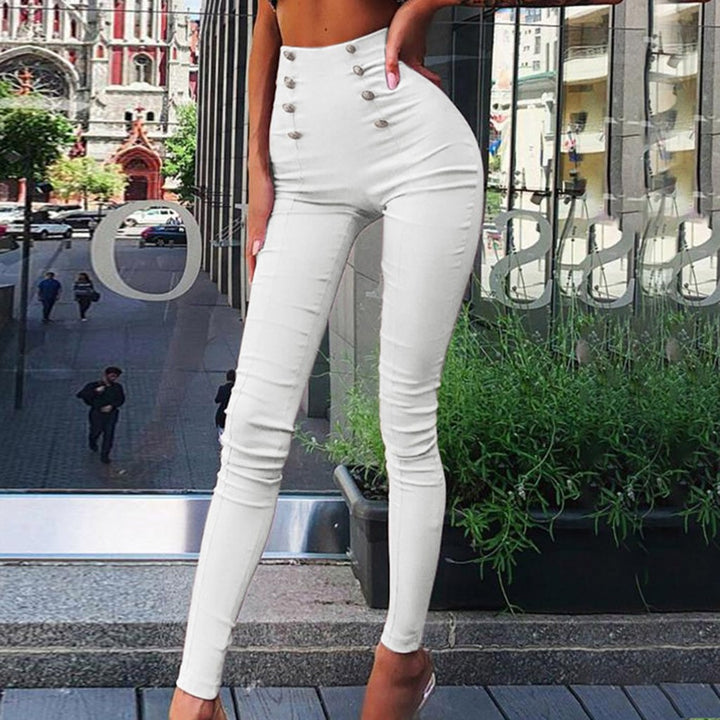 Women figure-flattering high-waist stretch skinny pants with decorative decorative buttons Amarae