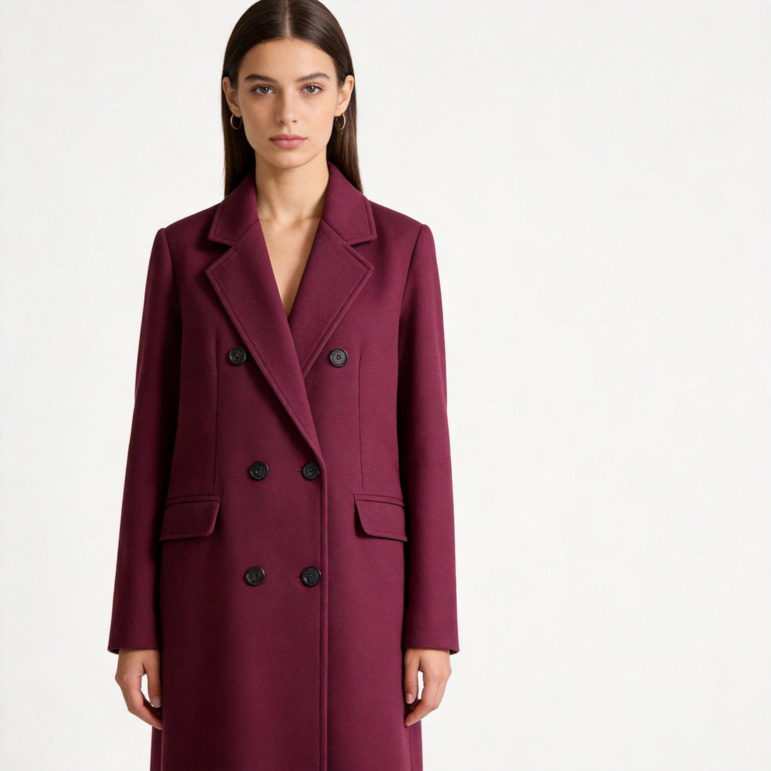 Ladies Double-breasted tailored wool blend coat with lapel collar and flap pockets Amarae