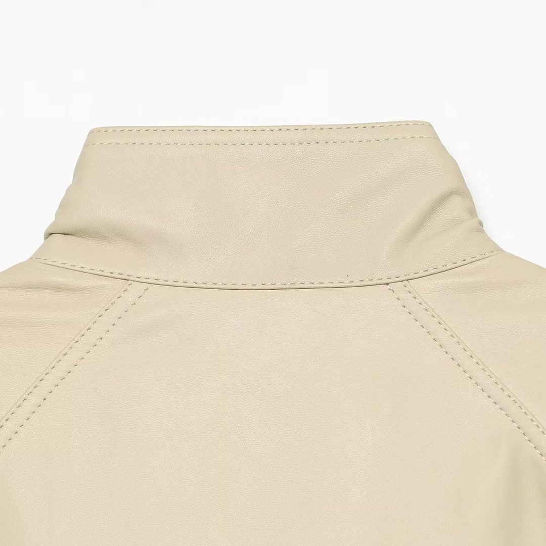 Women's loosely cut leather-look transitional jacket with stand-up collar, two-way zipper, and kangaroo pockets Amarae