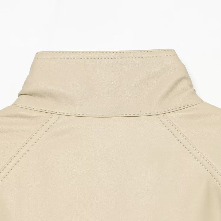 Women's loosely cut leather-look transitional jacket with stand-up collar, two-way zipper, and kangaroo pockets Amarae