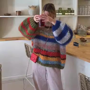 Comfortable knit sweater for women with flared sleeves and a colorful striped pattern Amarae
