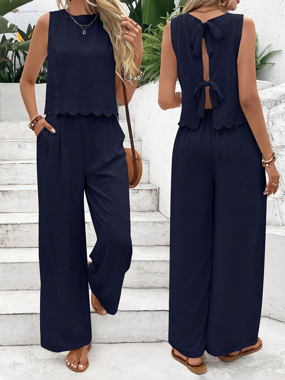 Ladies Casual Jumpsuit with Elegant Back Neckline and Wide Legs Lune London