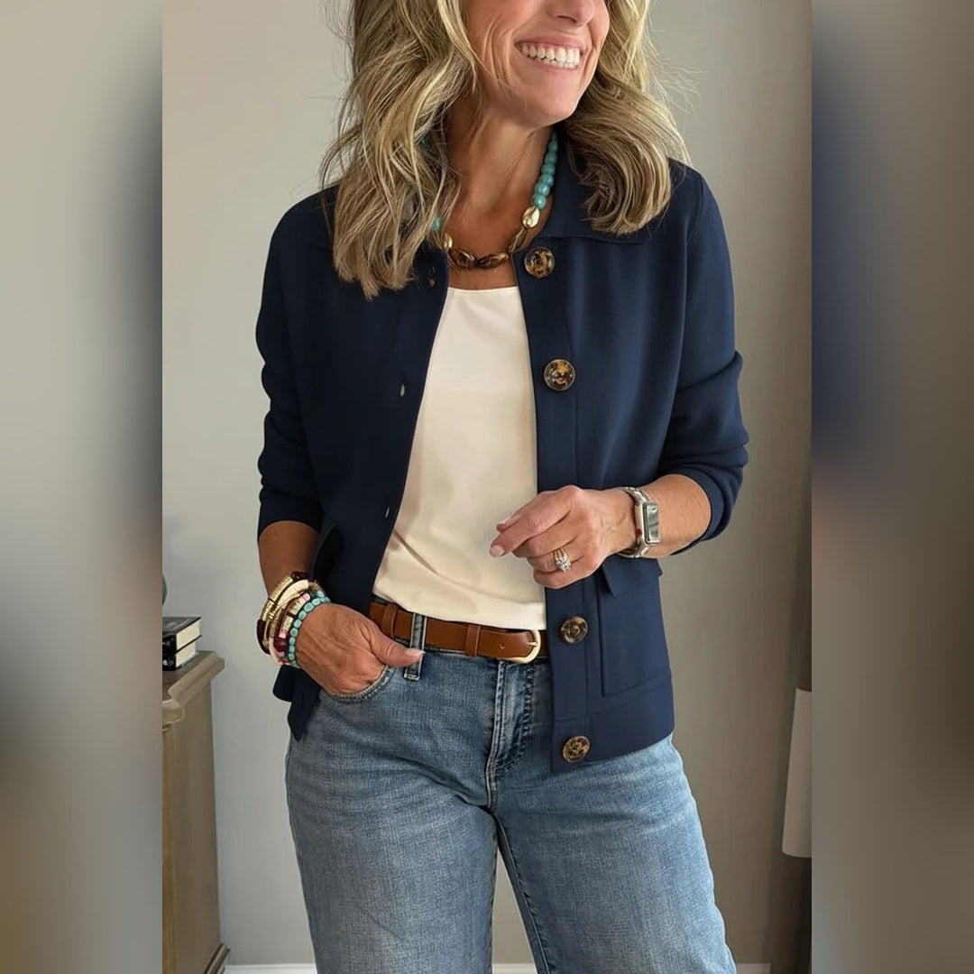 Women's short knitted cardigan with shirt collar, patch pockets, and horn buttons Amarae