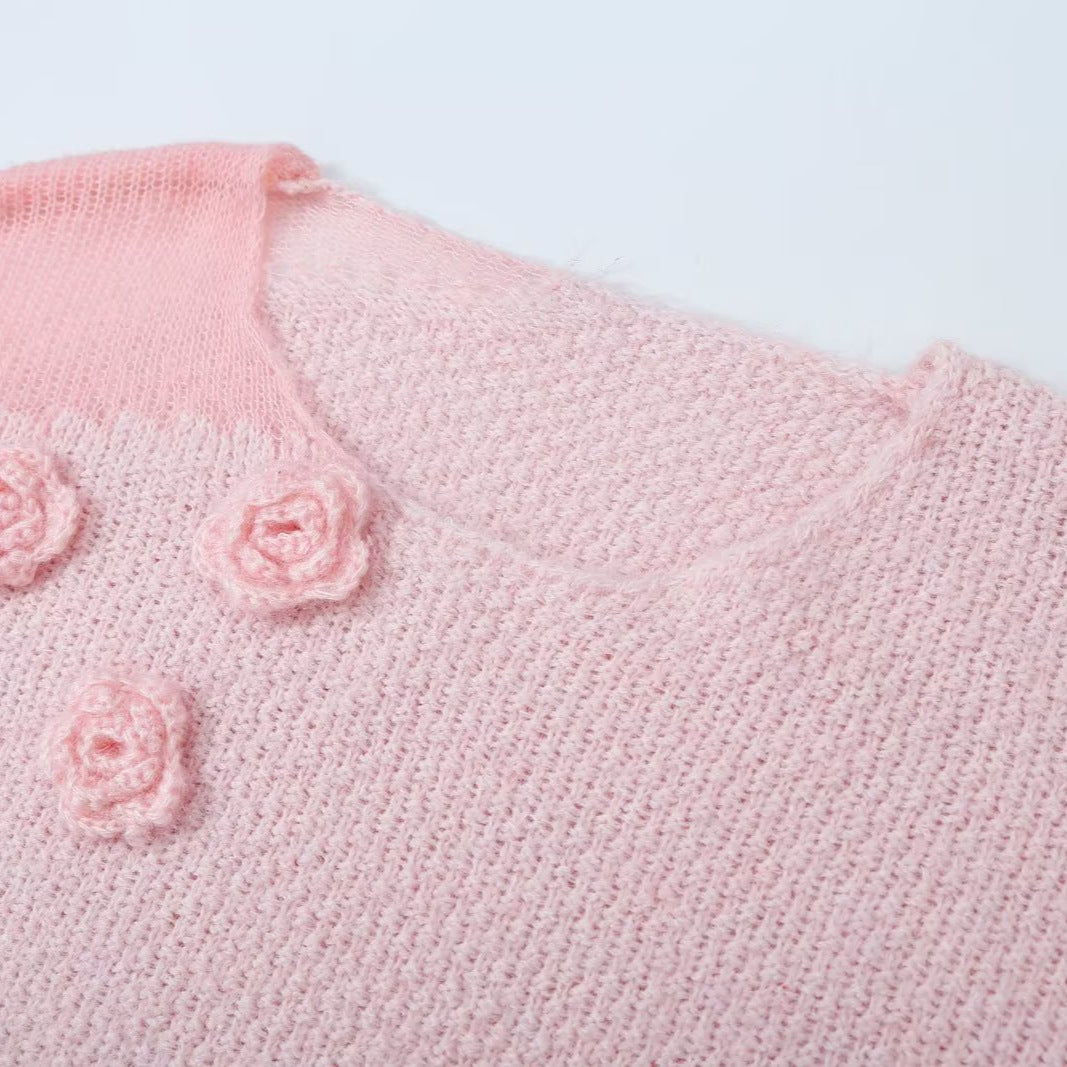 Women's knit set with cozy sweater featuring 3D flower appliqué and A-line skirt Amarae