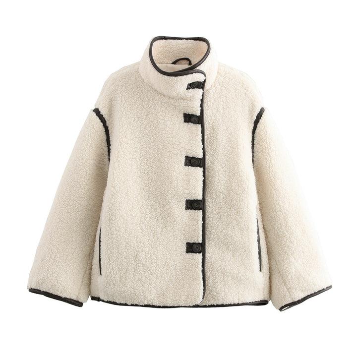 Ladies cozy fleece jacket with high collar and decorative button details Amarae