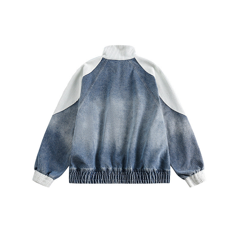 Unisex Boxy Jeans Jacket in Patchwork Look with Stand-Up Collar and Zipper Amarae