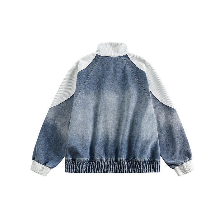 Unisex Boxy Jeans Jacket in Patchwork Look with Stand-Up Collar and Zipper Amarae