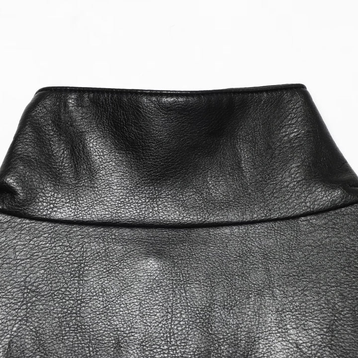 Women's Short Faux Leather Bomber Jacket with High Funnel Collar and Elastic Hem Amarae