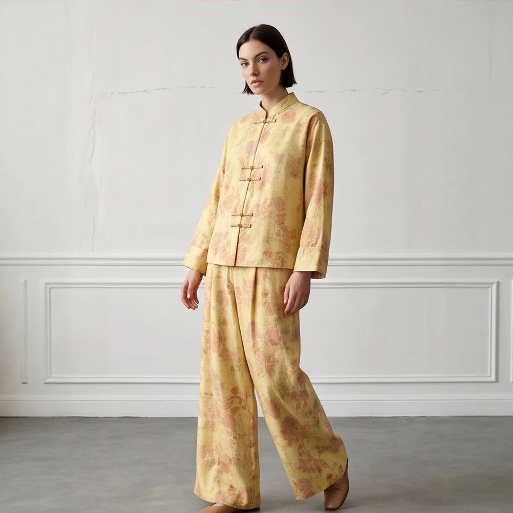 Womens Two-Piece Jacquard Set with Mandarin Collar and Wide Cut Trousers Amarae
