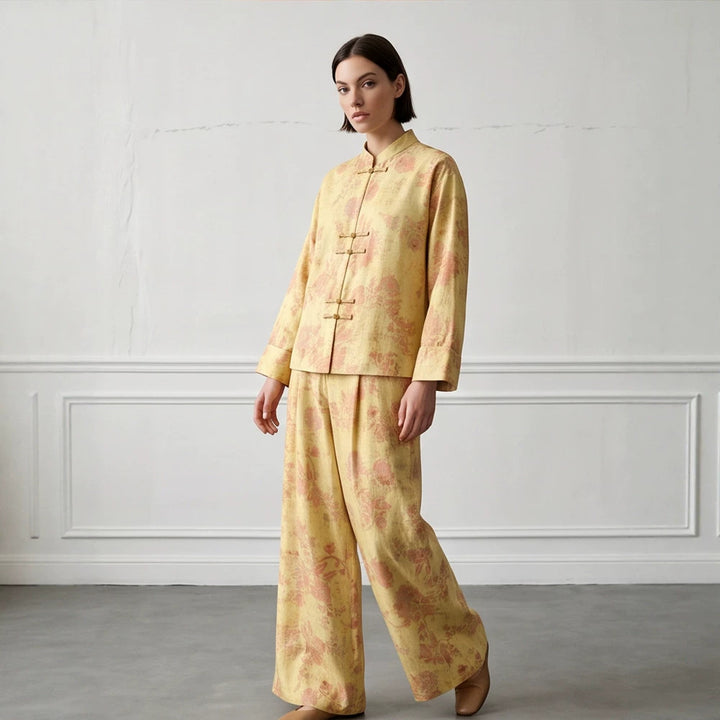 Womens Two-Piece Jacquard Set with Mandarin Collar and Wide Cut Trousers Amarae