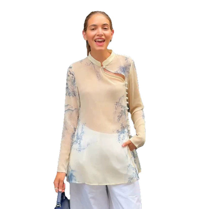 Women's Transparent Chiffon Blouse with Mandarin Collar, Asymmetrical Button Placket & Floral Print Amarae