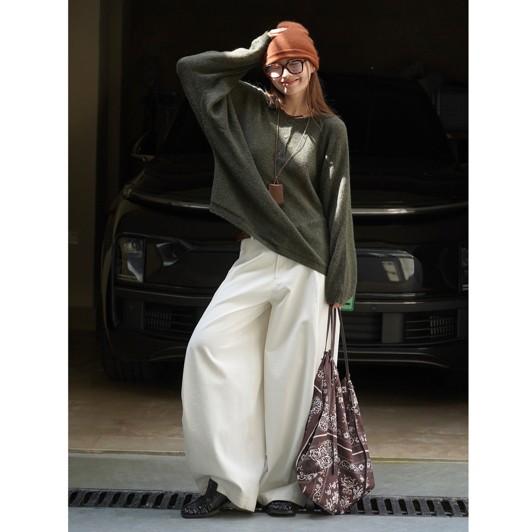 Women Loose Alpaca-Mix Round Neck Sweater with Concealed Button Placket Amarae