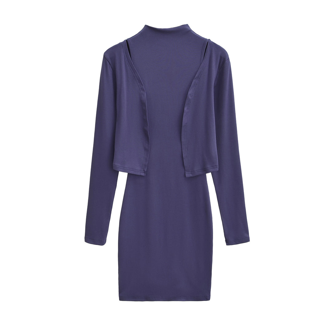Ladies Figured Close-Fitting Midi Dress with Integrated Bolero and Stand-Up Collar Amarae