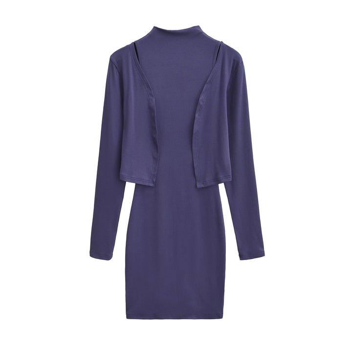 Ladies Figured Close-Fitting Midi Dress with Integrated Bolero and Stand-Up Collar Amarae