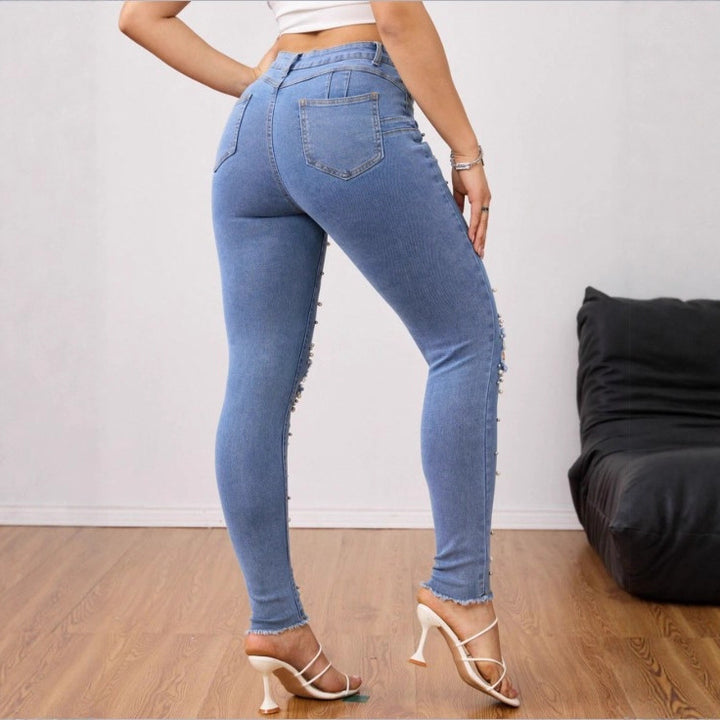 Women Pearl-Embellished High-Waist Skinny Jeans with Knee Rips and Raw Hem Amarae