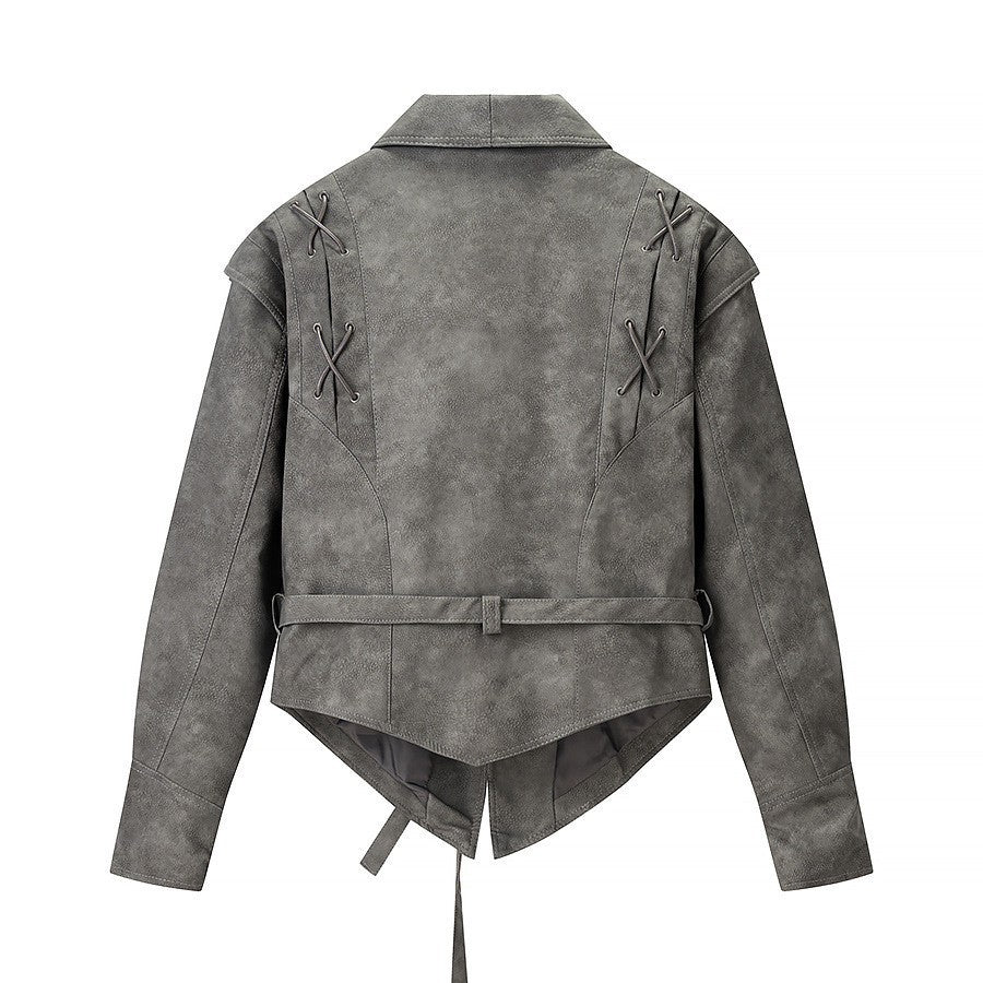 Women's Tailored Suede Blazer with Tie Belt and Lacing Detail Amarae