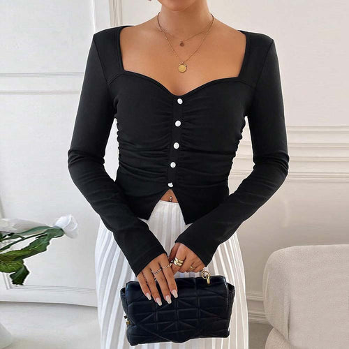 Top court à manches longues pour femmes avec détail de bouton décoratif et design froncé Chic & Stil