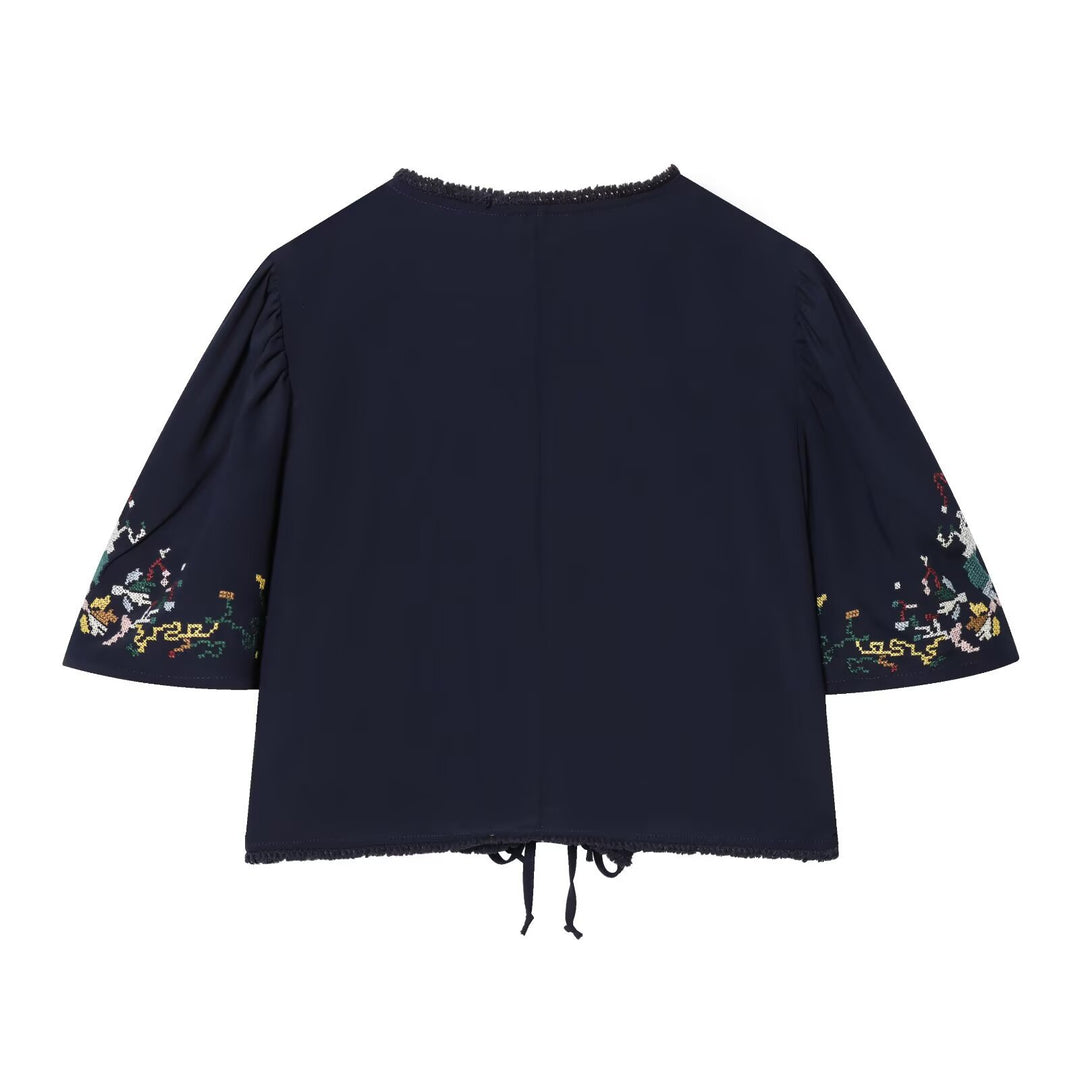 Women Embroidered Kimono Blouse with Ties and Decorative Crochet Edge Amarae