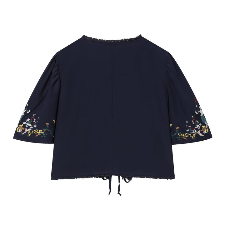 Women Embroidered Kimono Blouse with Ties and Decorative Crochet Edge Amarae