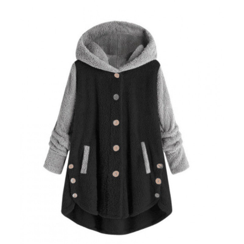 Women's Oversized Teddy Coat with Hood, Asymmetrical Zigzag Hem and Wooden Button Placket Amarae