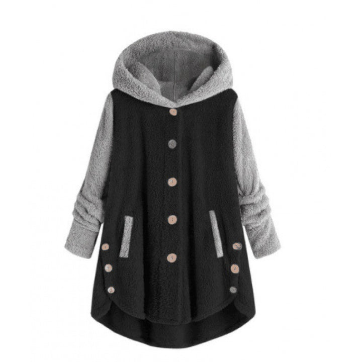 Women's Oversized Teddy Coat with Hood, Asymmetrical Zigzag Hem and Wooden Button Placket Amarae