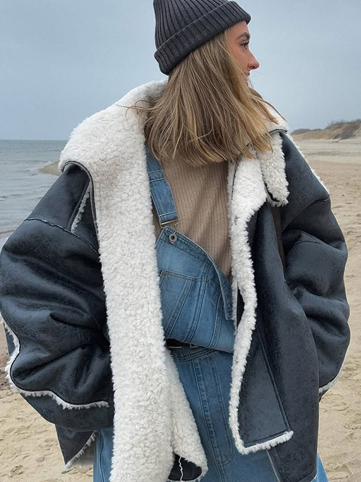 Women's Oversize Pilot Jacket in Vintage Look with Sherpa Lining and Contrast Trimmings Amarae