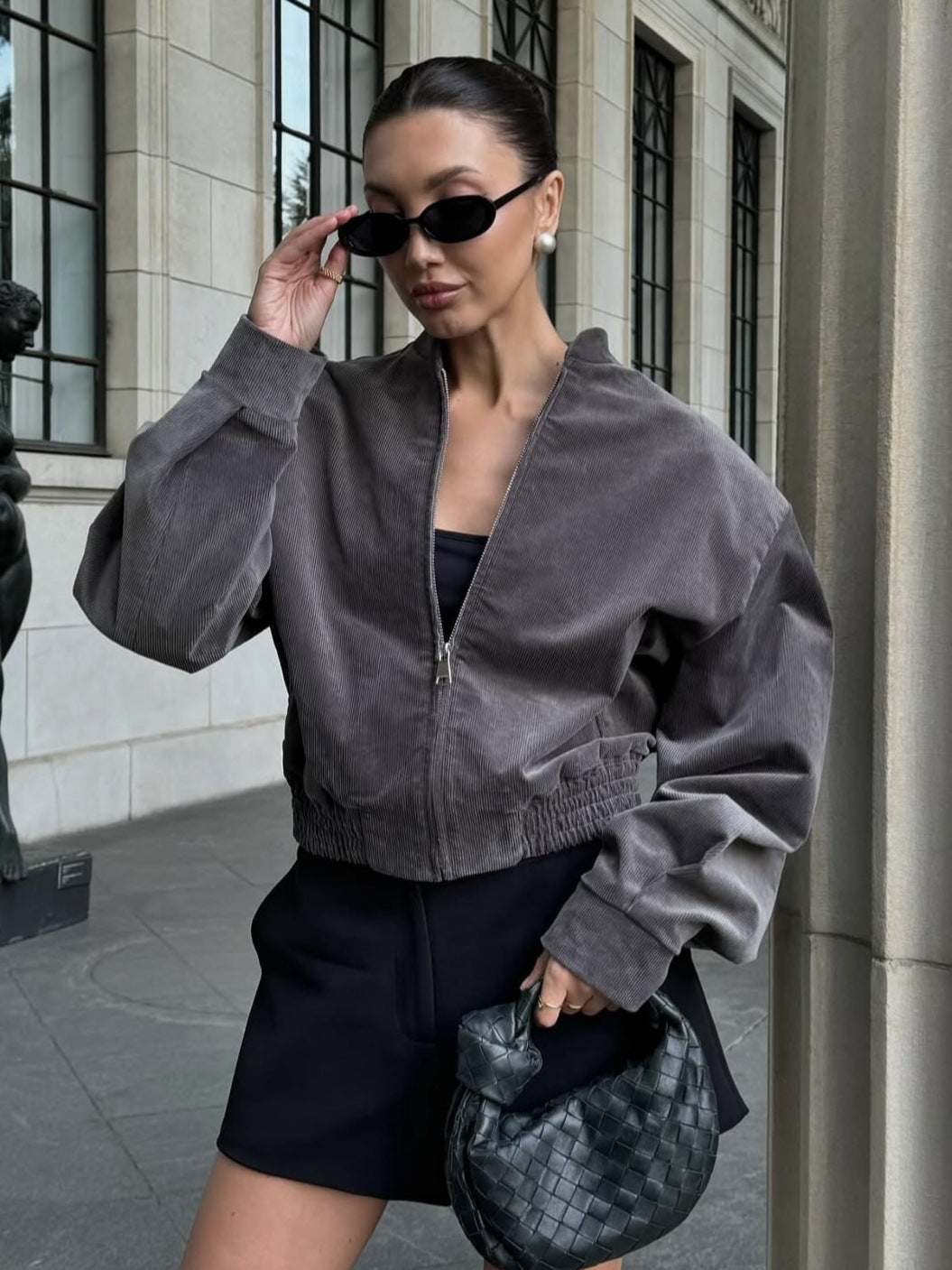 Casual corduroy jacket for women with high collar and elastic hem Lune London