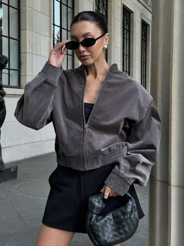 Casual corduroy jacket for women with high collar and elastic hem Amarae