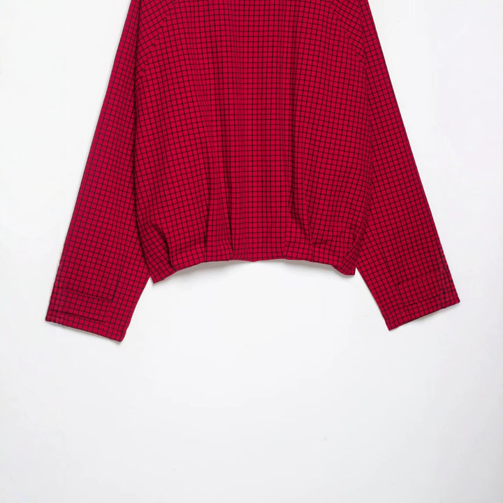 Women's Cropped Transition Jacket with High Funnel Collar, Check Pattern and Elastic Hem Amarae