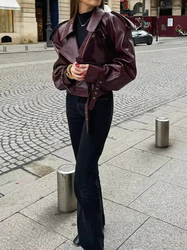 Ladies trendy oversized leather jacket with structured shoulders and waist belt Amarae