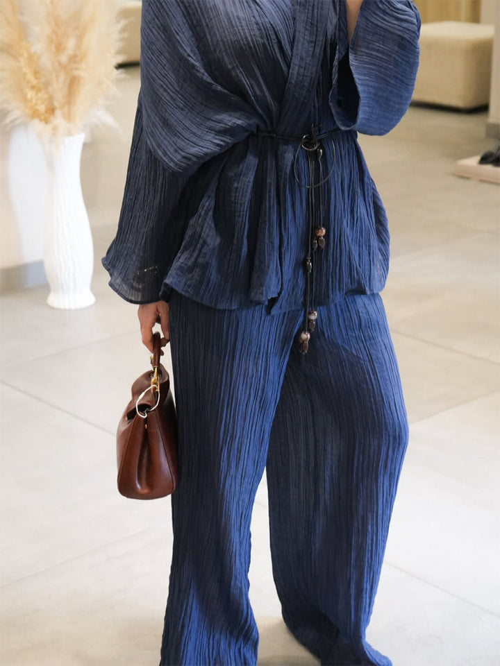 Women's Lightweight Crinkle Two-Piece with Wrap Top, Beaded Band & Wide Palazzo Pants Amarae