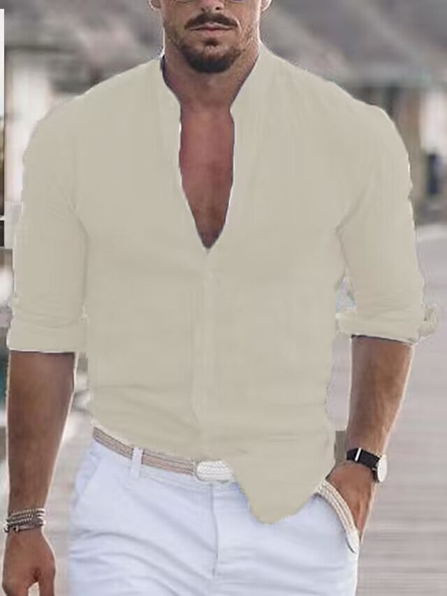 Casual linen shirt for men with modern stand-up collar and roll-up sleeves Lune London