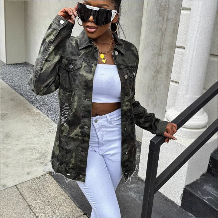 Women Oversize Camouflage Denim Jacket in Extended Cut with Frayed Hem Amarae