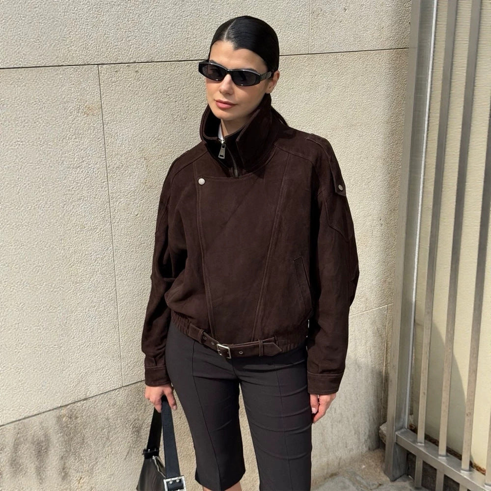 Women Short Velour Leather Bomber Jacket with High Stand-Up Collar and Waist Belt Amarae