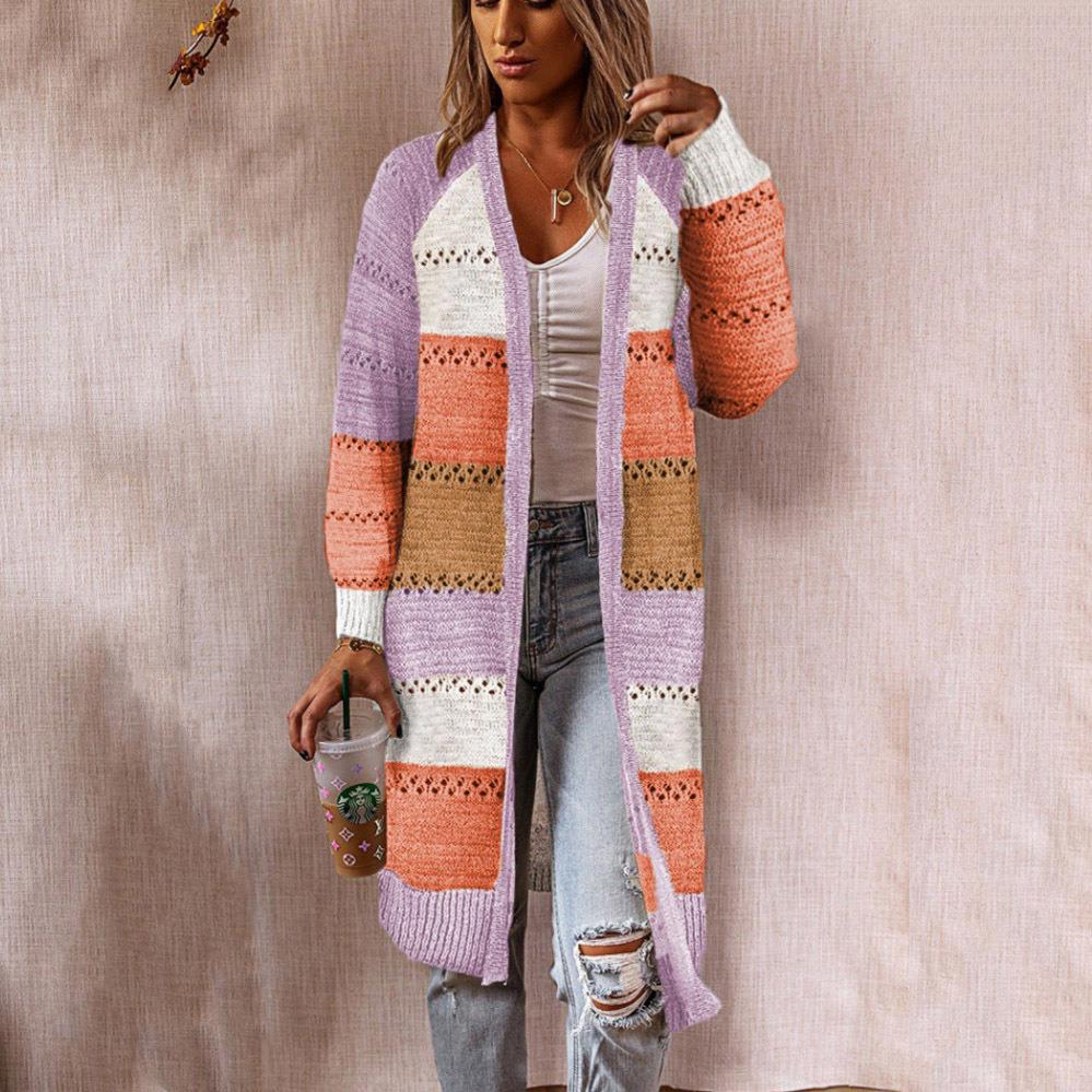 Retro patchwork style women's knit jacket with long sleeves and a front opening Lune London