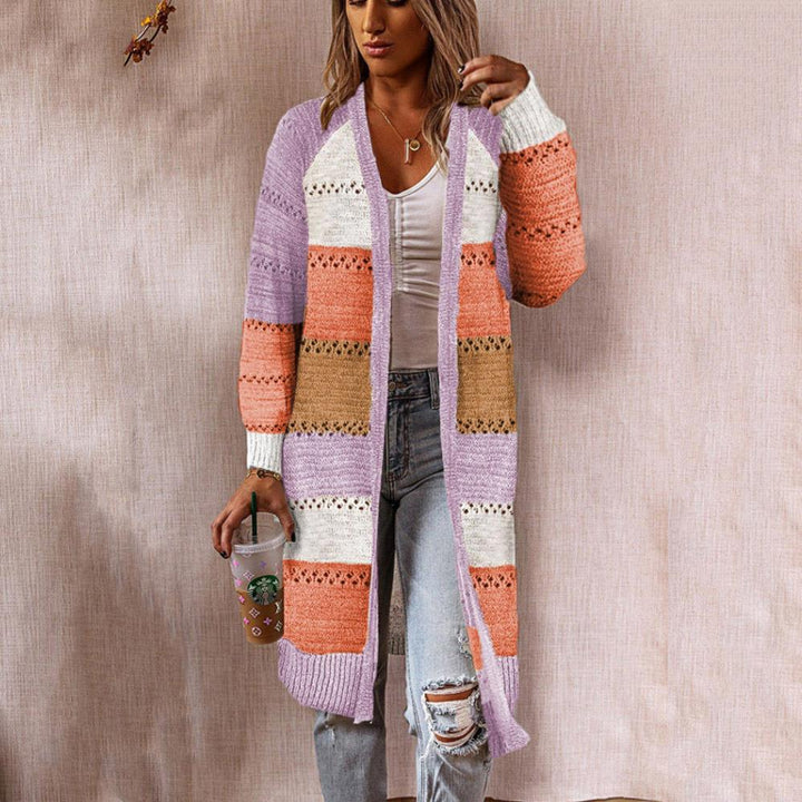 Retro patchwork style women's knit jacket with long sleeves and a front opening Lune London