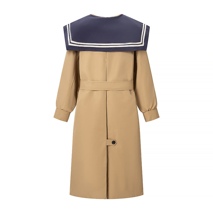Women's trench coat with oversized sailor collar, waist belt, and concealed button placket Amarae