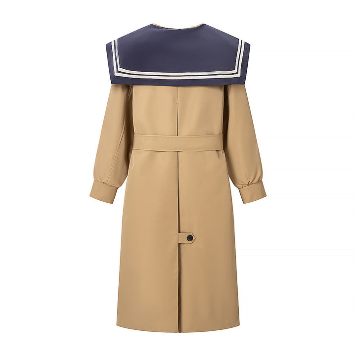 Women's trench coat with oversized sailor collar, waist belt, and concealed button placket Amarae