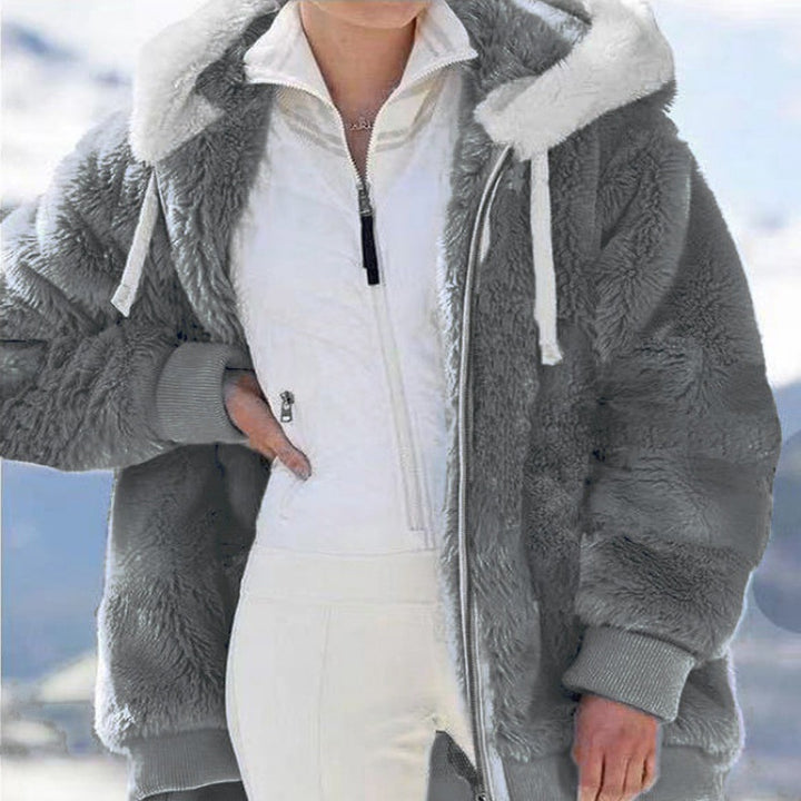 Women's Oversized Sherpa Zip Jacket with Contrast Collar, Ribbed Cuffs, and Drawstring Amarae