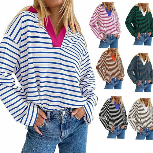 Casual striped summer sweater for women with V-neck and long sleeves Amarae
