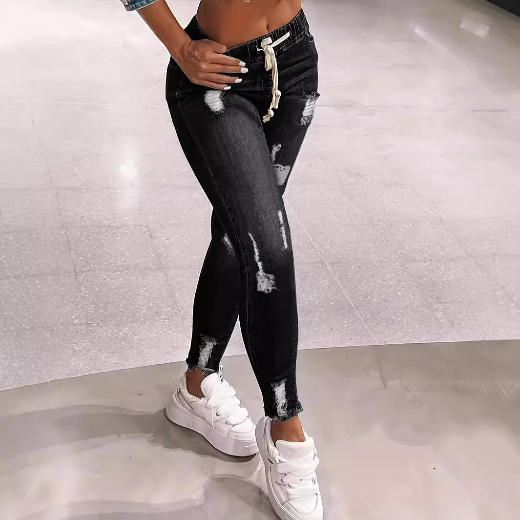 Women's Distressed High-Waist Jogger Jeans with Elastic Waistband, Drawstring and Frayed Ankle Hems Amarae