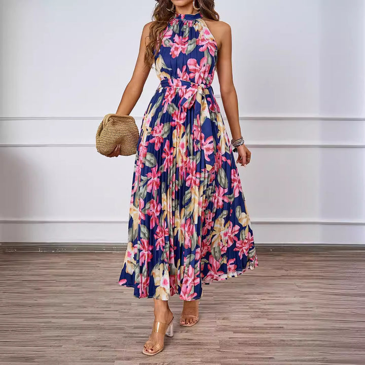 Ladies maxi dress with intricate pleating and stylish tie belt Lune London