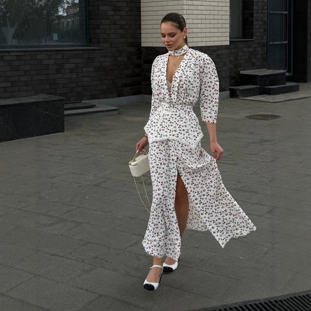 Women's Two-Piece Blouse Set with Deep V-Neck, Tailored Peplum, and Wide Palazzo Trousers Amarae