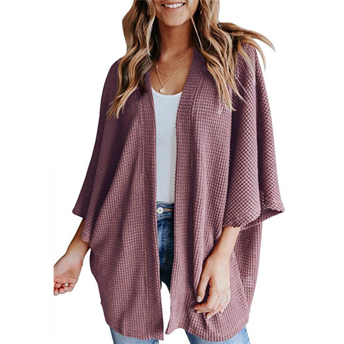 Ladies Waffle Knit Open Kimono Cardigan with Batwing Sleeves Amarae