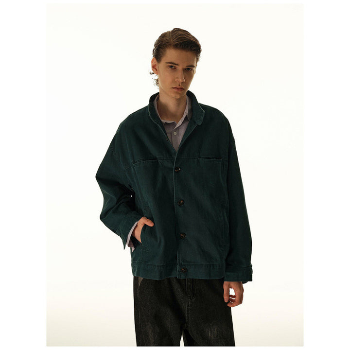 Men's Loose Canvas Overshirt with Stand-Up Collar, Patch Pockets and Distinctive Stitching Details Amarae