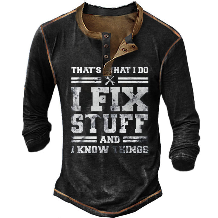 Men's Long Sleeve Henley T-Shirt with Creative Print and Stylish Button Closure Lune London