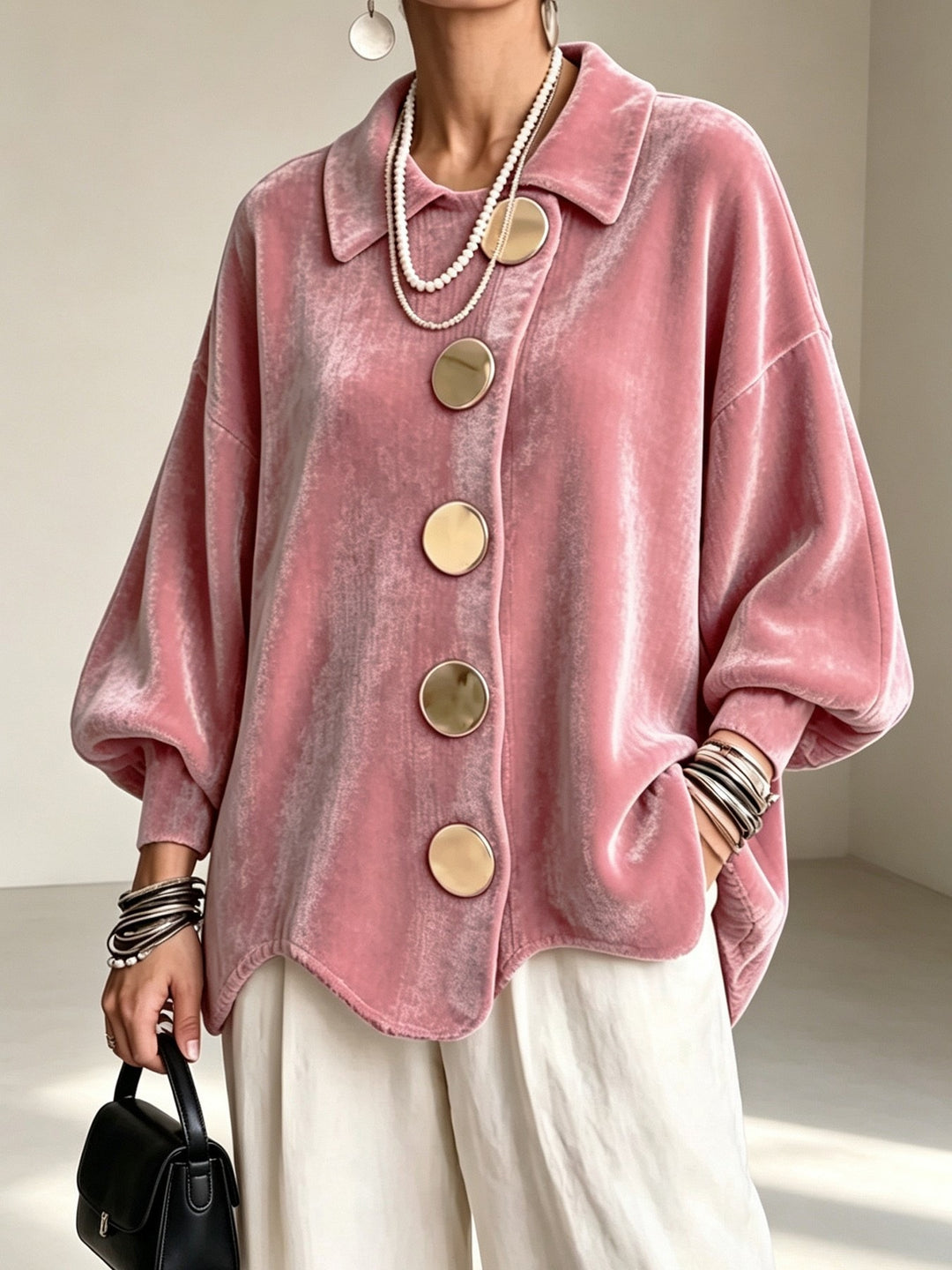 Women's Oversized Velvet Jacket with Large Decorative Buttons and Balloon Sleeves Amarae