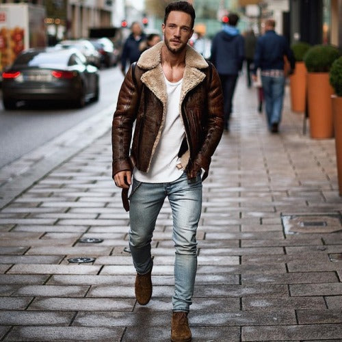 Men's leather jacket with an elegant faux fur collar Lune London