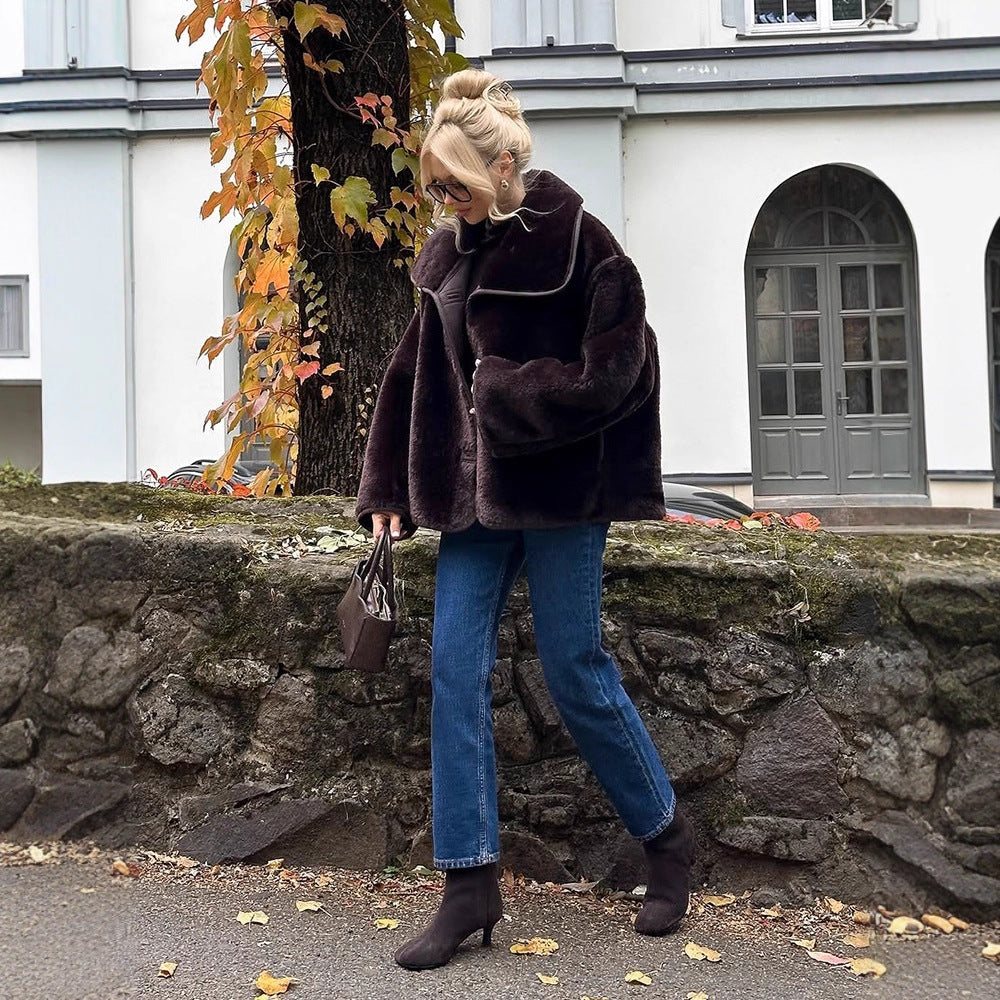 Women's Boxy Faux Fur Jacket with Voluminous Shawl Collar and Boxy Silhouette Amarae