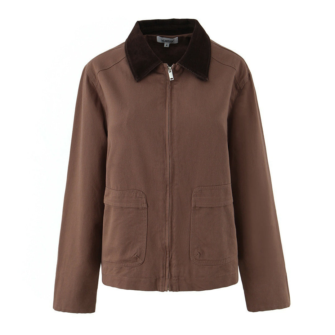 Trendy transitional jacket for women with classic high collar and practical pockets Lune London